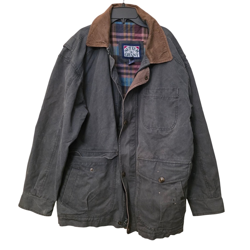Sutter & Grant Mens Green Cotton Canvas Barn Jacket Plaid Lined Leather Collar L